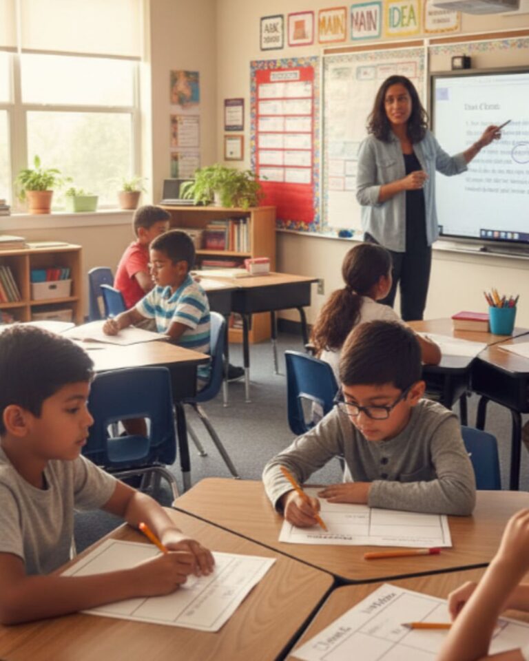 A teacher points to a smartboard while diverse elementary students work at desks. The bright classroom features educational posters, bookshelves, and potted plants along a sunlit window.