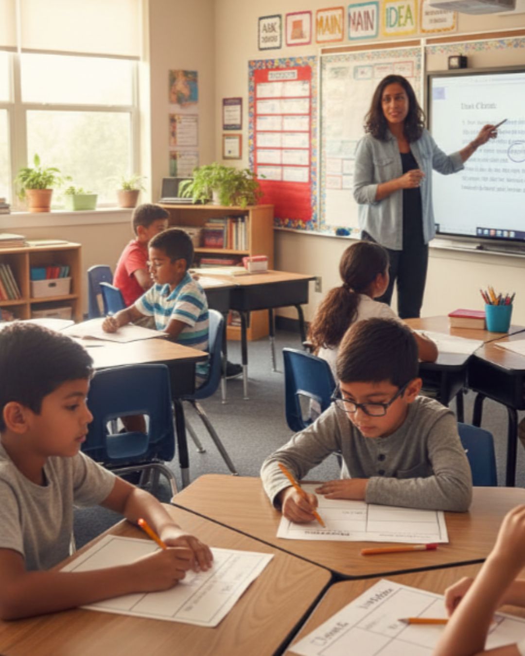 A teacher points to a smartboard while diverse elementary students work at desks. The bright classroom features educational posters, bookshelves, and potted plants along a sunlit window.
