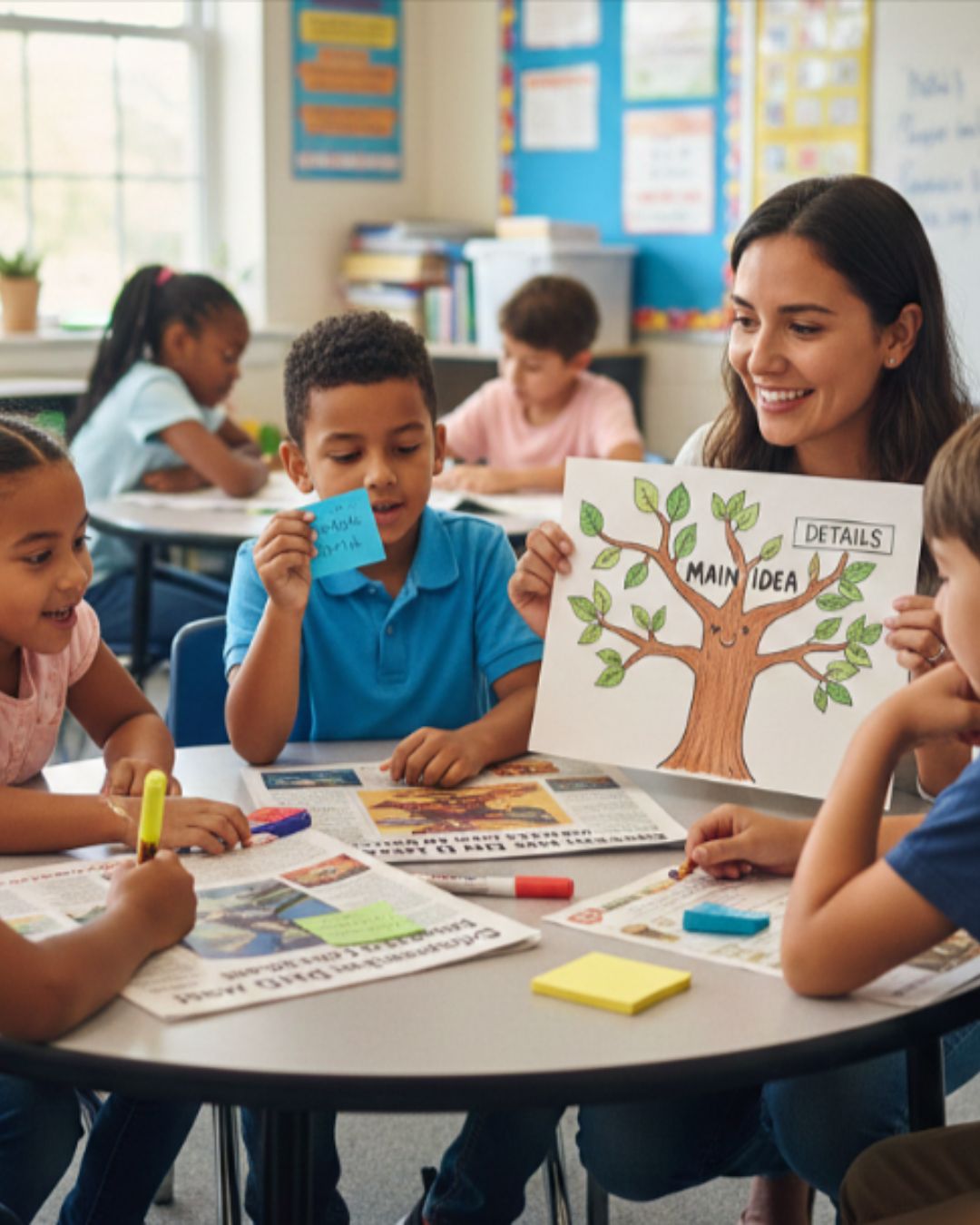 A smiling teacher holds up a drawing of a tree labeled 'Main Idea' and 'Details' while working with a small group of elementary students at a round table. The students engage with newspapers, sticky notes, and markers. Other students work independently in the colorful classroom background.