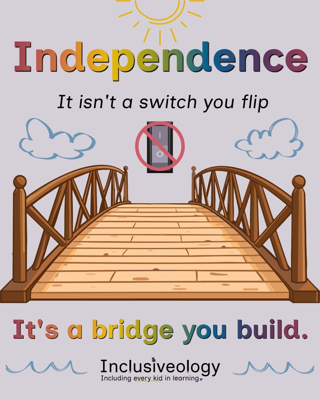 Rainbow-colored text reads 'Independence — It isn't a switch you flip. It's a bridge you build.' An illustrated wooden bridge stretches toward the horizon beneath a sun and clouds, with a crossed-out light switch emphasizing the contrast. Inclusiveology logo appears at the bottom on a gray background.