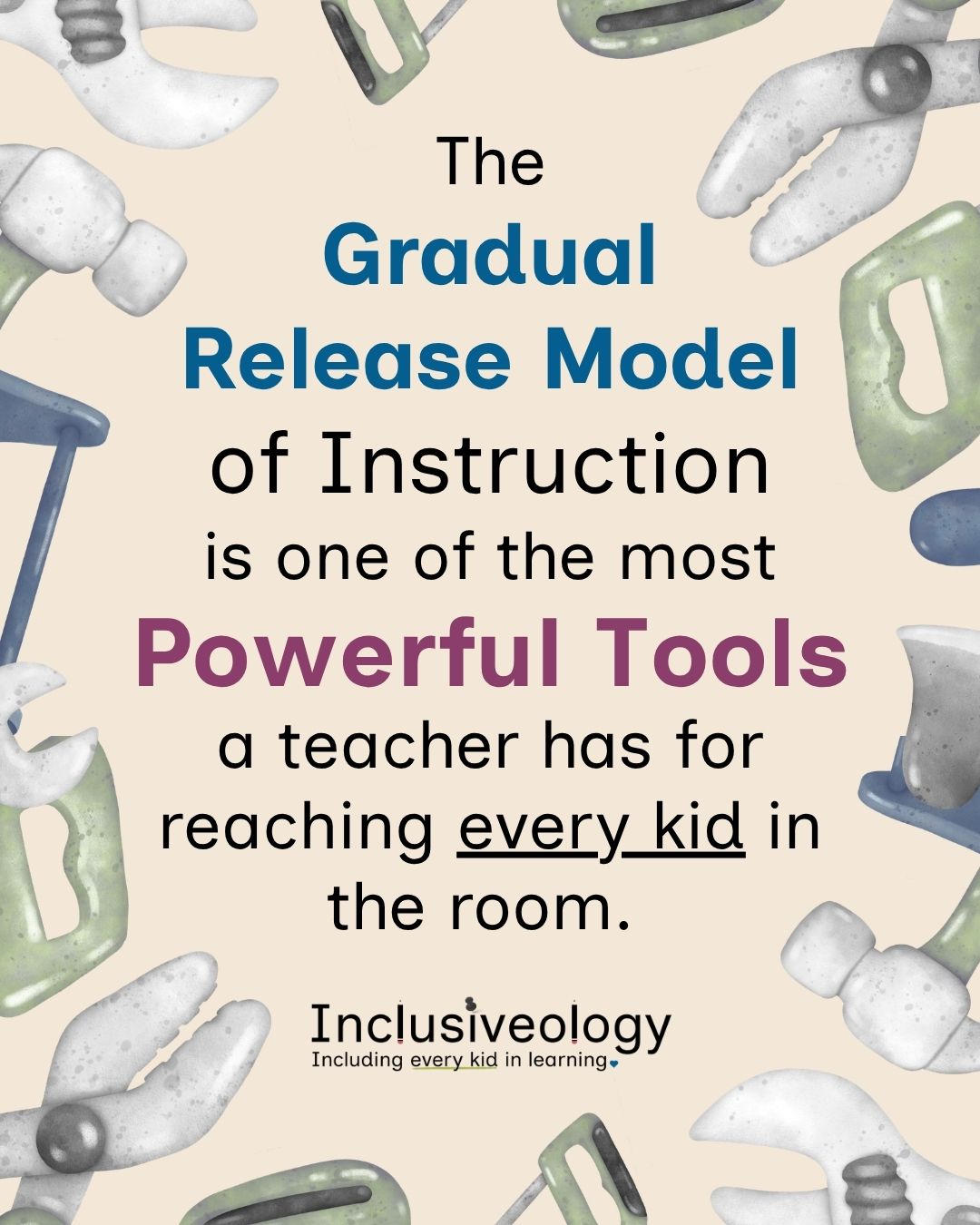 'The Gradual Release Model of Instruction is one of the most Powerful Tools a teacher has for reaching every kid in the room.' Inclusiveology logo with tagline 'Including every kid in learning.' Illustrated tools surround the text on a cream background.