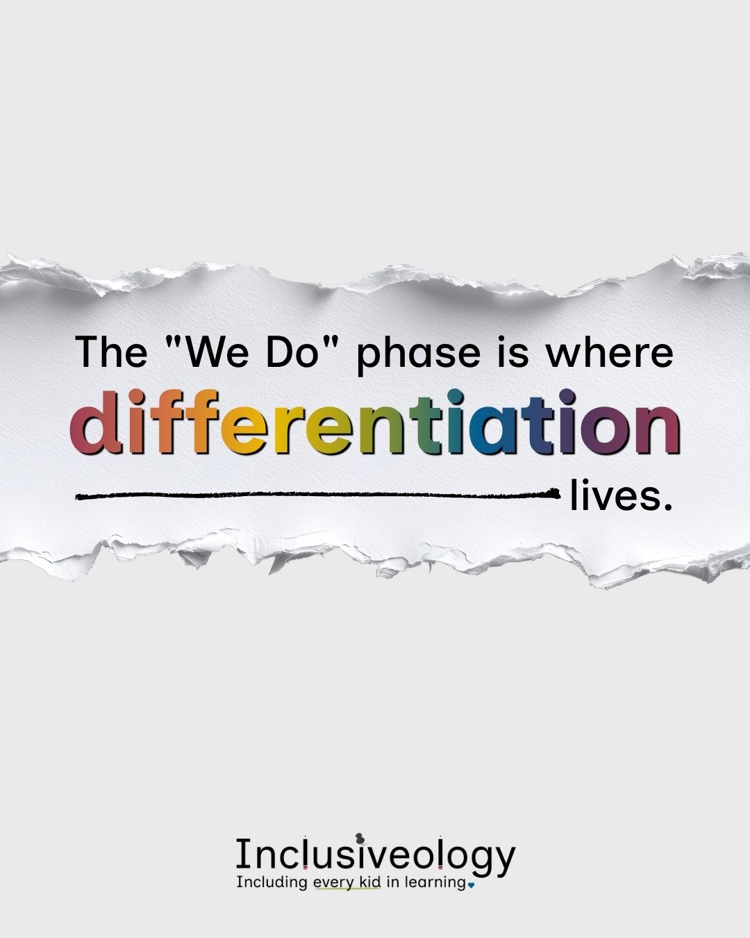 'The 'We Do' phase is where differentiation lives.' The word 'differentiation' is displayed in multicolored letters. A torn paper effect frames the text in the center. Inclusiveology logo appears at the bottom on a light gray background.