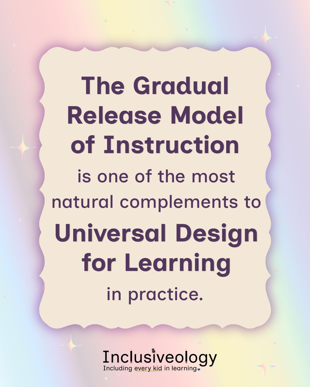 'The Gradual Release Model of Instruction is one of the most natural complements to Universal Design for Learning in practice.' Text appears on a scallop-edged cream card with sparkle accents. Inclusiveology logo appears at the bottom on a pastel rainbow gradient background.