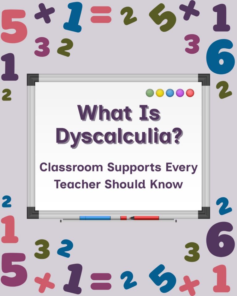 A whiteboard illustration displays 'What Is Dyscalculia? Classroom Supports Every Teacher Should Know' in bold purple text, with five colored dots in the upper right corner. Blue and red markers rest on the tray. Colorful numbers and math symbols border the lavender background.