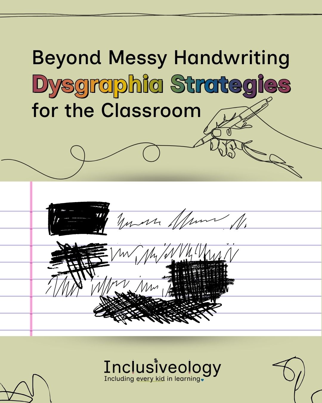 'Beyond Messy Handwriting: Dysgraphia Strategies for the Classroom' is displayed above a line-drawing of a hand holding a pen. Below, a lined notebook page shows chaotic, illegible scribbles representing dysgraphic writing. The Inclusiveology logo appears at the bottom with the tagline 'Including every kid in learning.'