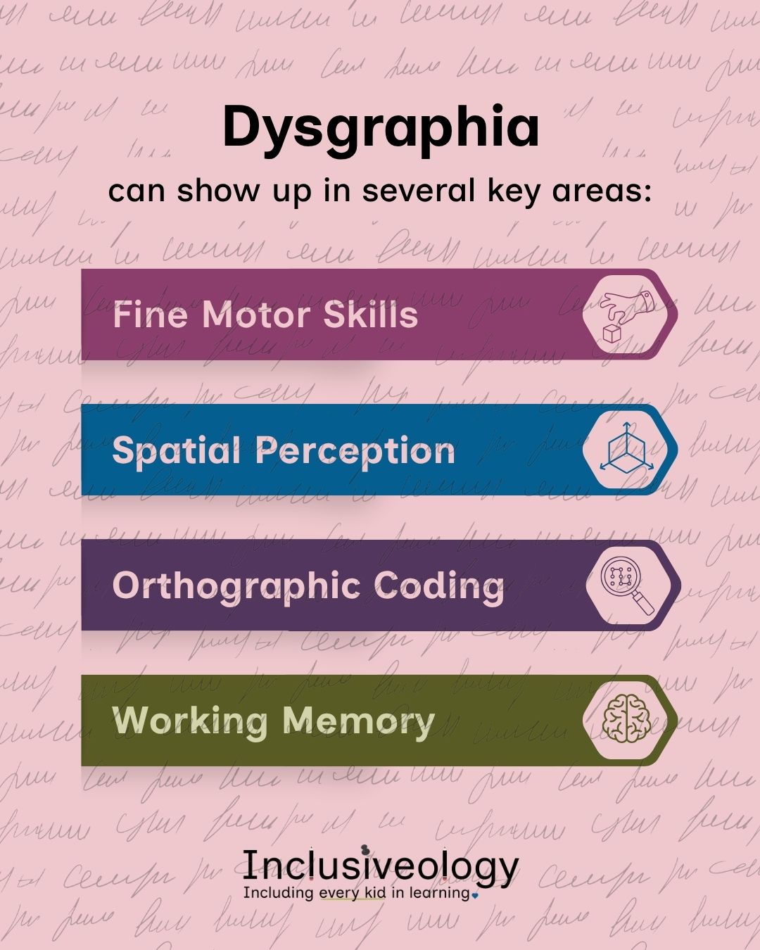 'Dysgraphia can show up in several key areas' heads an infographic listing four labeled banners, each with a corresponding icon: 'Fine Motor Skills' in magenta, 'Spatial Perception' in teal, 'Orthographic Coding' in purple, and 'Working Memory' in olive green. The Inclusiveology logo appears at the bottom on a pink handwriting-textured background.