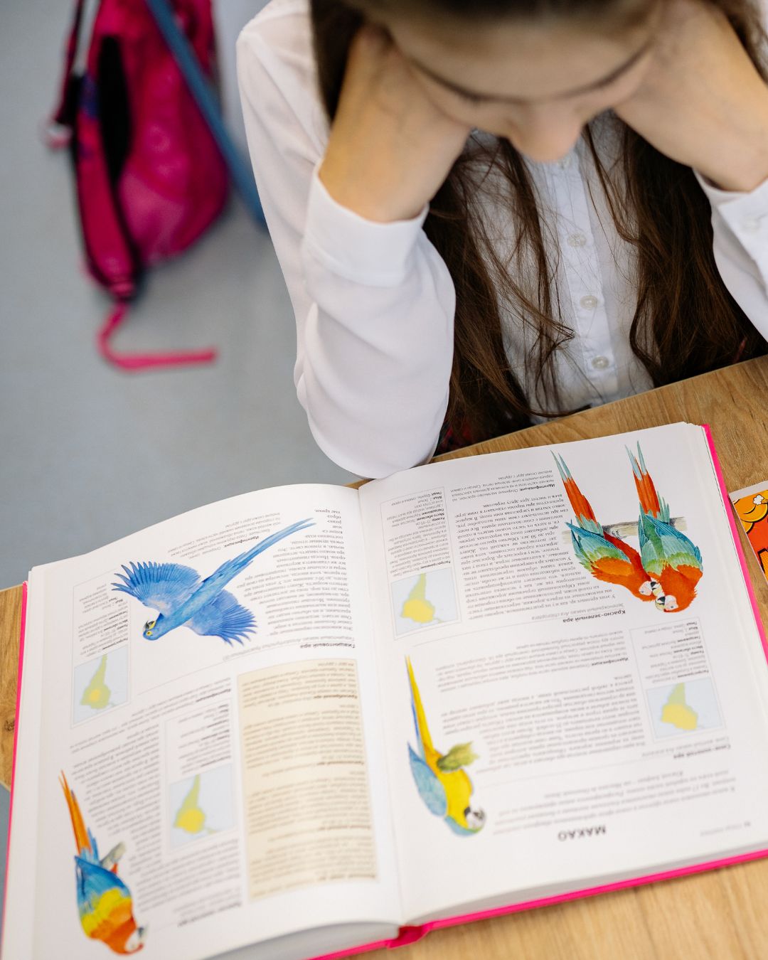 A young girl with long brown hair rests her head in her hand while looking down at an open illustrated book featuring colorful parrots and text. Her posture suggests frustration or difficulty. A pink backpack is visible on the floor beside her school desk.