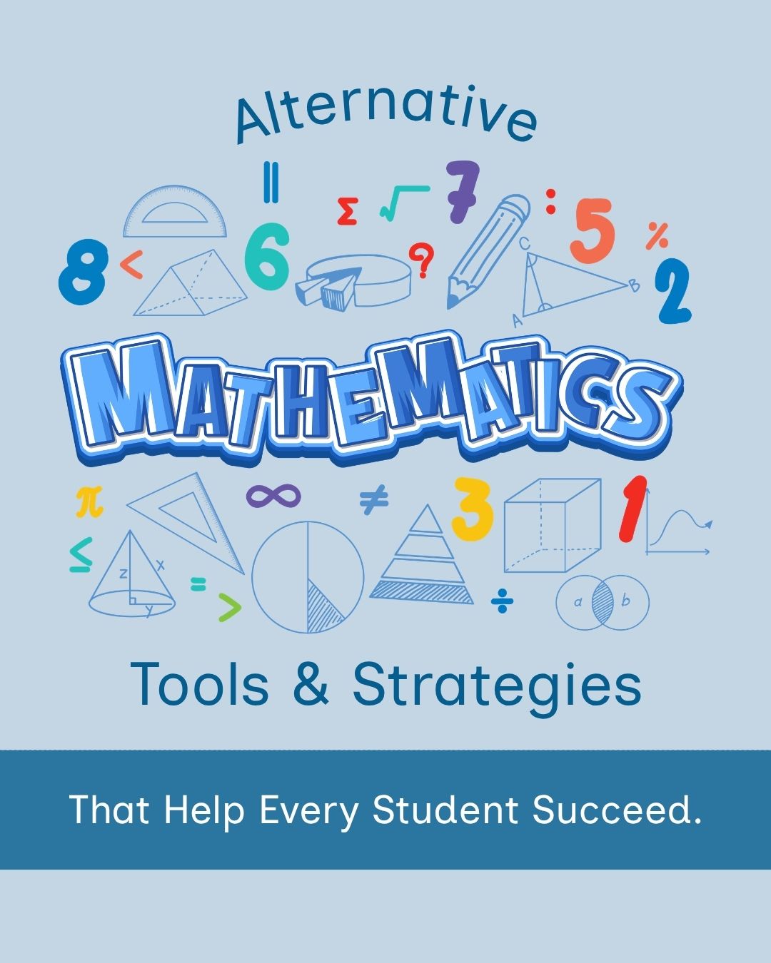 Title: 'Alternative Mathematics Tools and Strategies That Help Every Student Succeed.' Bold 3D block lettering spells 'Mathematics' in blue, surrounded by colorful numbers, math symbols, and light blue doodles of geometric shapes on a pale blue background. A blue banner at the bottom contains the subtitle text in white.