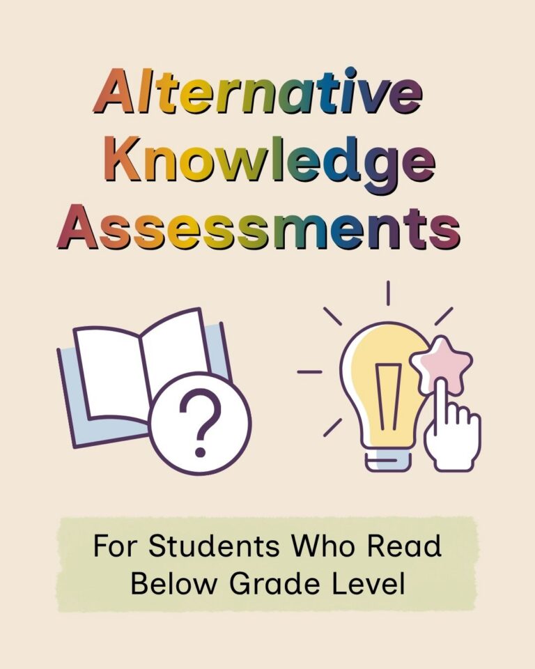 'Alternative Knowledge Assessments: For Students Who Read Below Grade Level.' Rainbow-colored bold italic title text appears above two icons: an open book with a question mark, and a glowing lightbulb with a star and pointing hand cursor. Subtitle appears in a sage green banner on a cream background.