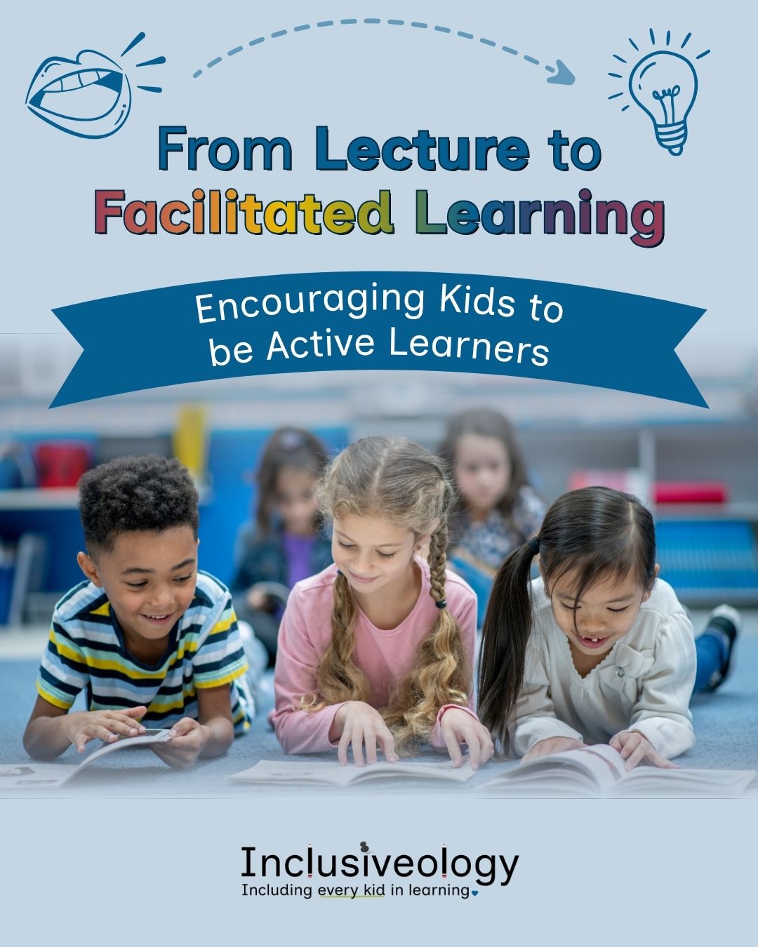 Title reads, 'From Lecture to Facilitated Learning: Encouraging Kids to be Active Learners.' Three elementary-aged children lie on a classroom floor reading open books together, smiling. A doodle-style mouth and lightbulb connected by a dashed arrow appear at the top. The Inclusiveology logo and tagline 'Including every kid in learning' appear at the bottom.