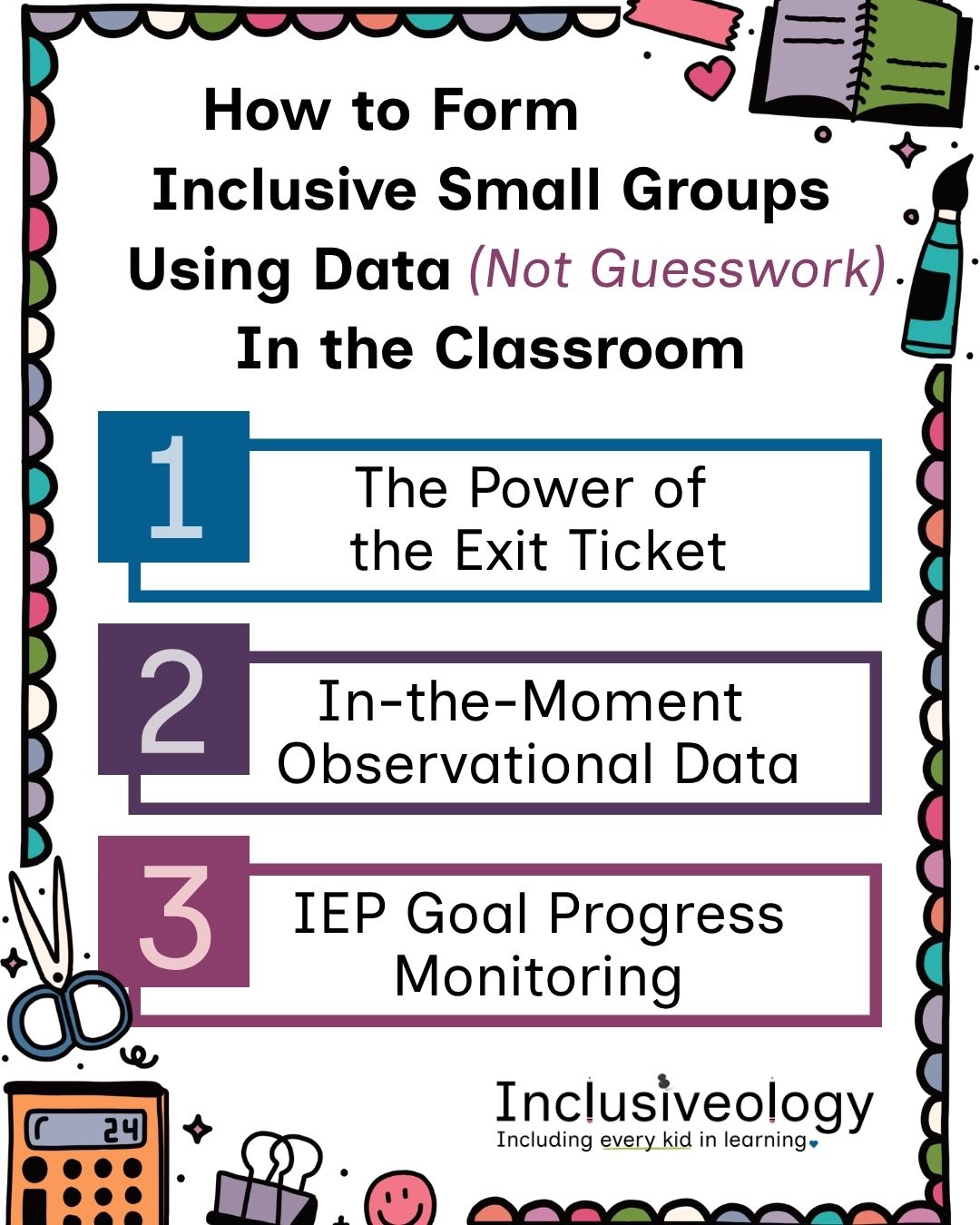 Title: 'How to Form Inclusive Small Groups Using Data (Not Guesswork) In the Classroom.' Three numbered strategies: 1. 'The Power of the Exit Ticket' (blue), 2. 'In-the-Moment Observational Data' (purple), 3. 'IEP Goal Progress Monitoring' (mauve). A colorful school supply border and Inclusiveology logo frame the white background.