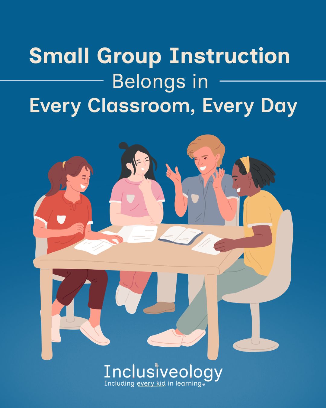 'Small Group Instruction Belongs in Every Classroom, Every Day.' Four illustrated students sit around a table covered with papers and an open book, engaged in animated discussion. The Inclusiveology logo appears at the bottom with the tagline 'Including every kid in learning.'