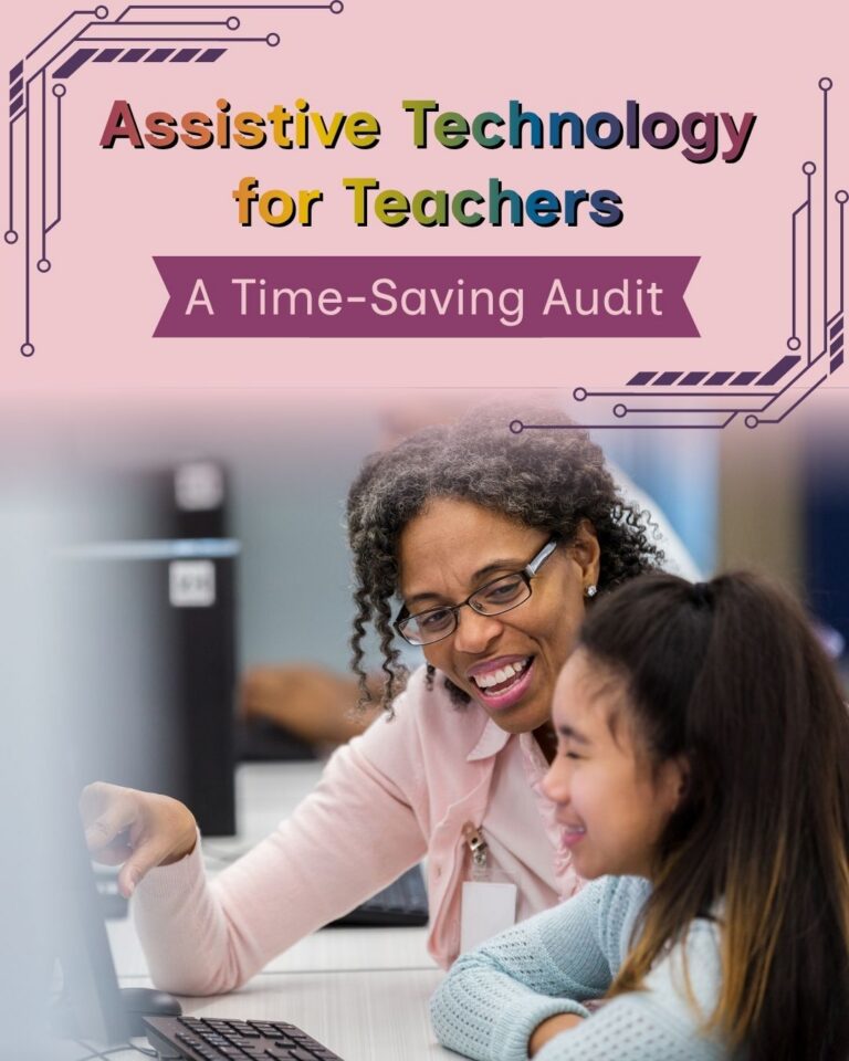 A pink graphic titled 'Assistive Technology for Teachers' with a banner reading 'A Time-Saving Audit,' decorated with purple circuit-line accents. Below, a smiling teacher with curly gray hair and glasses points at a computer screen while a young girl with a ponytail sits beside her, both looking at the monitor in a classroom setting.