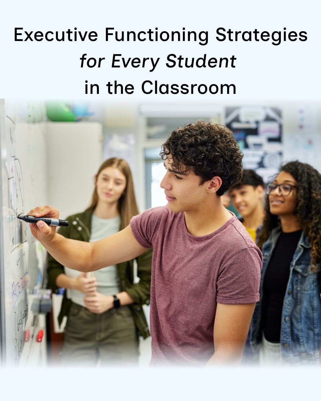 Title: Executive Functioning Strategies for Every Student in the Classroom. A photo shows four teenage students gathered at a whiteboard, one writing with a marker while classmates look on.