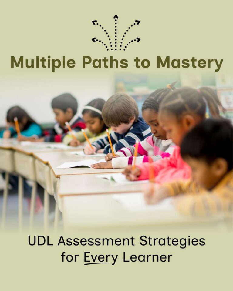 Title, 'Multiple Paths to Mastery' with subtitle, 'UDL Assessment Strategies for Every Learner,' set against a sage green background with a dotted arrow burst icon at top. Below the title, a row of elementary school children sit at connected desks, writing with pencils on paper.