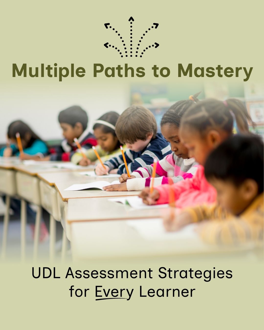 Title, 'Multiple Paths to Mastery' with subtitle, 'UDL Assessment Strategies for Every Learner,' set against a sage green background with a dotted arrow burst icon at top. Below the title, a row of elementary school children sit at connected desks, writing with pencils on paper.